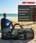 130L Mesh Duffle Bag for Water Sports Gear with Wide Opening, shown on a beach next to a person in a wetsuit and comparison chart