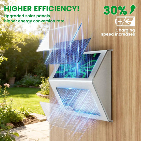 Solar Outdoor Lights For Deck And Garden Waterproof Pathway Lamps For Walkways Fences Backyard Railings Pool Steps Walls Eight Cool White LEDs With No Fuss Easy Install And Durable ABS And Stainless Steel Build mounted on wood
