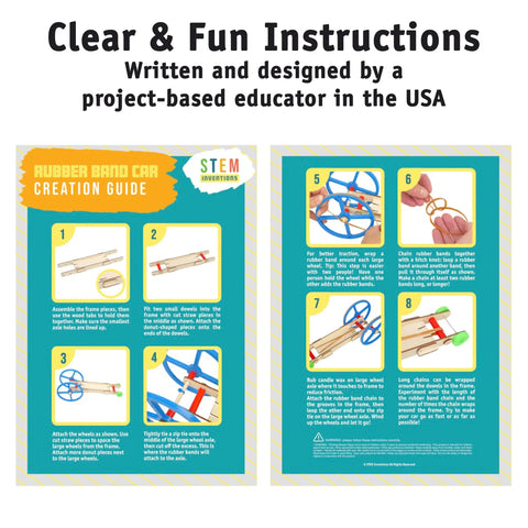 DIY Rubber Band Powered Car Kit For Kids 2-Pack Hands-On STEM Project For Physics And Motion Lessons instruction guide