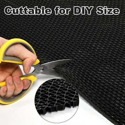Person cutting Drainage Floor Mat 3 Ft By 16 Ft 5 In Grippy Non Slip Commercial Grade PVC Rubber Mesh Entrance Mat For Wet Areas.