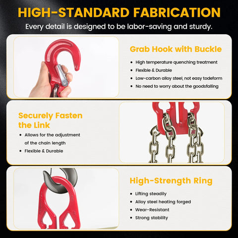 Infographic of reinforced Grade 80 chain sling with red grab hook, dual chains, and load-binding ring.