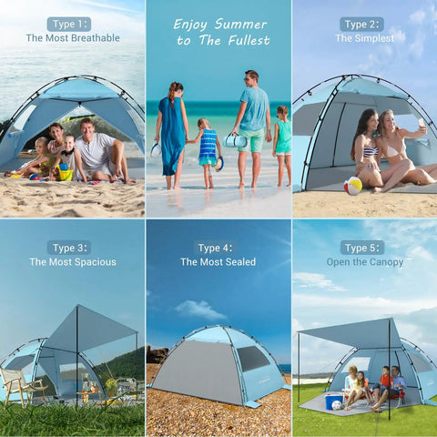 CumbreX Beach Tent Sun Shelter With Built In Canopy Pop Up 4 To 5 Person Beach Cabana Easy Setup UPF 50 Plus in various styles on beach