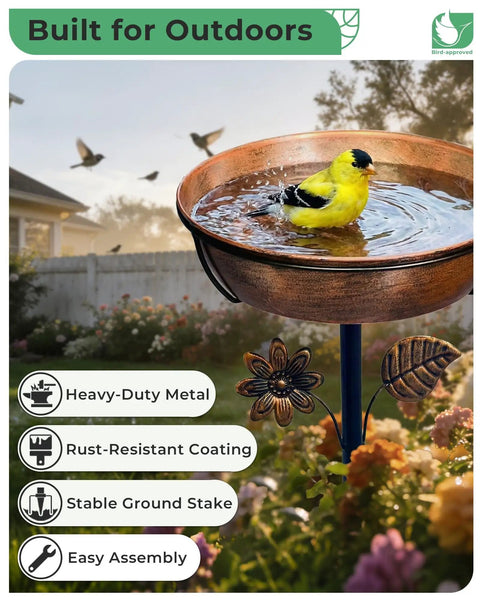 Rust Resistant Metal Bird Bath For Outside With 12 Inch Wide Bowl And 3 Inch Deep Water, 36 Inch Tall On Stable Five Prong Stake