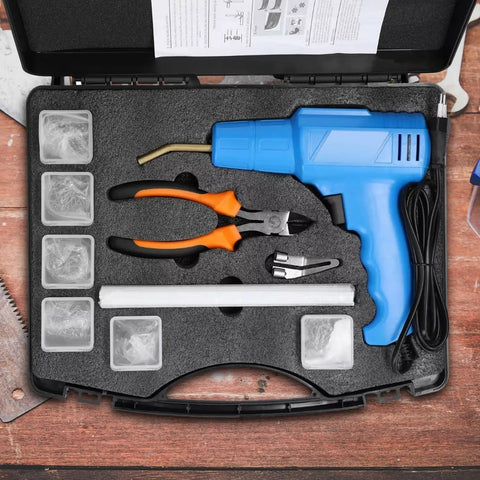 100W Portable Plastic Welding Tool for Car Bumpers and Auto Body Repair Handheld Quick Heat Up Pro Grade Overheat Protection Plug In Durable Metal and Plastic Construction for Automotive Shop in protective case with accessories.