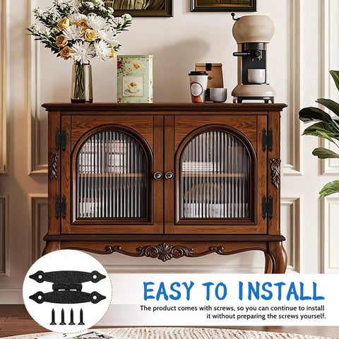 Wood cabinet with Bulk 30 Pack Dope 3.5 Inch Black Antique Butterfly H Shaped Hinges With Hammered Texture, and installation guide.