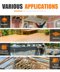 Collage showing applications of 14 Gauge Pneumatic Concrete T Nailer for decking, drywall, masonry, and truss building projects.