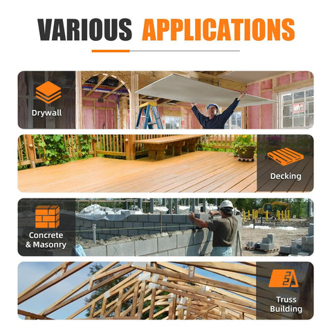 Collage showing applications of 14 Gauge Pneumatic Concrete T Nailer for decking, drywall, masonry, and truss building projects.