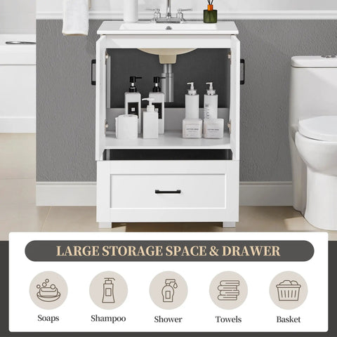 Instant Upgraded Vibes With This 24 Inch Bathroom Vanity Featuring A Built In Ceramic Sink, spacious storage with smooth doors.