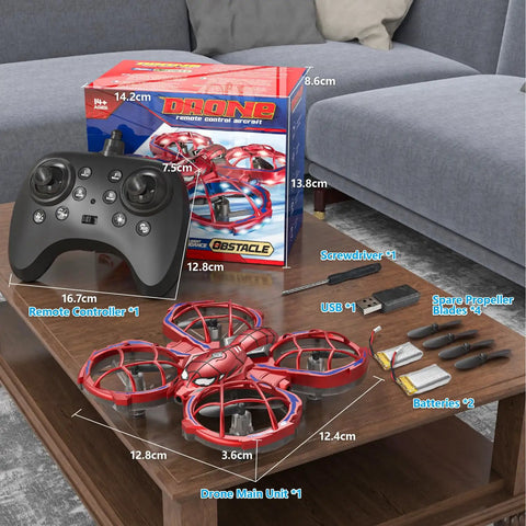 Kid Friendly Mini Drone With Remote Control, 360 Degree Flips, Three Speed Modes, One Button Takeoff And Landing shown with accessories.