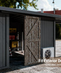 Barn door installed with Ceiling Mount Box Rail Barn Door Hardware Kit For Single Door Applications, exterior view.