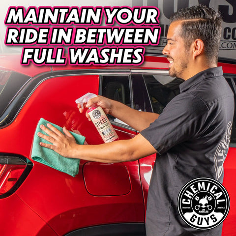 Speed Wipe Quick Detailer Spray For Cars, Instant Slick Mirror Shine Between Washes, Streak Free Formula Removes Dust Smudges And Fingerprints, High Gloss Finish In Seconds, 16 Oz, man cleaning red car panel