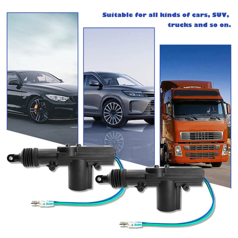 Two Piece Motorized Door Lock Actuator Kit With Tool Set 12V Two Wire Car Unlock System shown next to cars and truck images