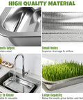 Composite image showing stainless steel seed sprouter trays detail, highlighting smooth edges, hole design, and growing microgreens