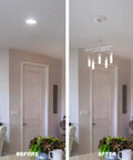 Recessed Lighting Converter For Pendant Or Light Fixtures White Finish 3 Pack Easy Install To Transform Can Lights Into Slick Pendant Lighting For Modern Homes And Kitchens shown before-after installing in a dining room.