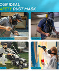 People wearing Prolonged Comfort Upgraded M Plus Dust Mask Reusable Respirator in various tasks like woodworking, sanding, mowing, and painting.