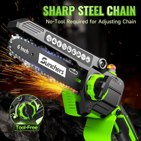 Cordless Mini Chainsaw 6 Inch With Dual Battery Power Handheld Electric Chain Saw Auto Oiler showing tool-free chain adjustment