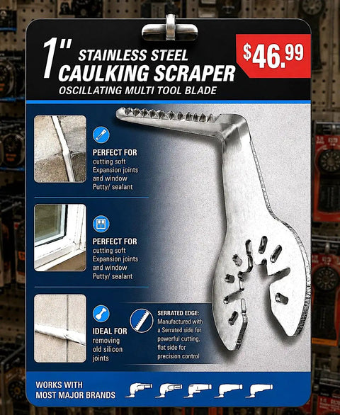 Display packaging of 1-inch stainless steel serrated caulk scraper for oscillating multitool, priced at $46.99.