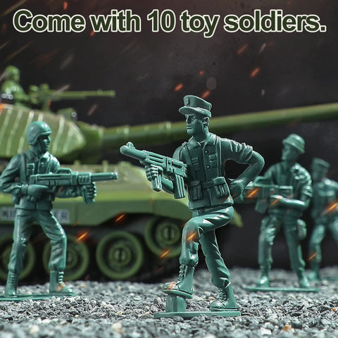 Green toy soldiers in front of a military vehicle from Remote Control King Tiger Tank Toy For Kids Dope 1:28 Scale 9 Channel RC.