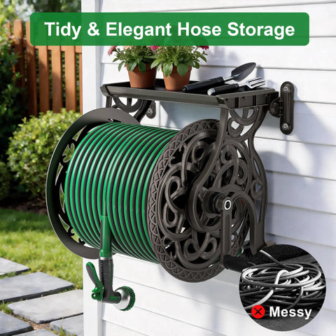 Heavy Duty Hose Reel Wall Mount With Shelf For Outdoor Storage That Keeps Your Yard Neat, Dark Bronze Finish, Mounted on White Wall