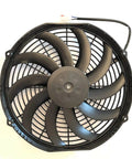 Top Shelf Dual Pack 12 Inch Electric Puller Radiator Cooling Fans Featuring Curved Blades 12 Volt Raw Power 1226 Cfm Airflow close-up view of black curved blade fan