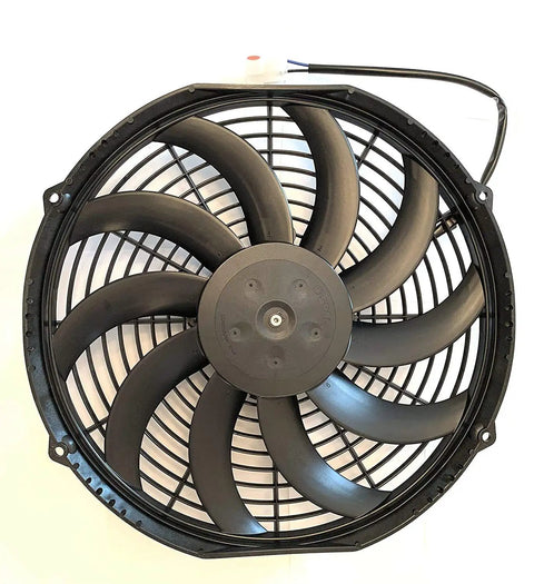 Top Shelf Dual Pack 12 Inch Electric Puller Radiator Cooling Fans Featuring Curved Blades 12 Volt Raw Power 1226 Cfm Airflow close-up view of black curved blade fan