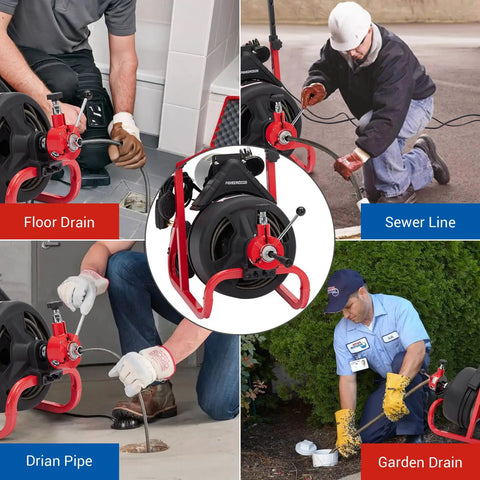 Smooth Operator 75 Foot Electric Drain Cleaner Machine Featuring Auto Feed Sewer Snake Auger with steel drum for floor drain use.