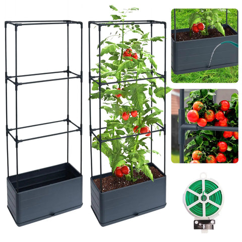 Two Pack Raised Garden Bed Tomato Planter Box With Trellis 43.4 Inch Self Watering Cage for Climbing Plants Veggies Flowers and Vines