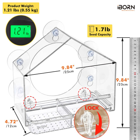 2026 Window Bird Feeder With Windproof Tray Lock, Chewproof PC Build, Strong Suction Cups For Easy Window Watching