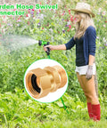 Brass Garden Hose Swivel Adapter 3/4 GHT 360 Degree No Kink Connector in garden use, woman watering plants