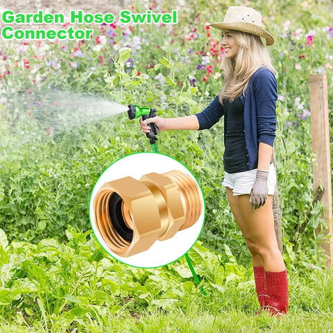 Brass Garden Hose Swivel Adapter 3/4 GHT 360 Degree No Kink Connector in garden use, woman watering plants