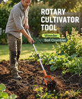 Person using 2 In 1 Rotary Garden Tiller And Weeder With Detachable Weed Knife 73 Inch Adjustable Stainless Handle Manual Cultivator