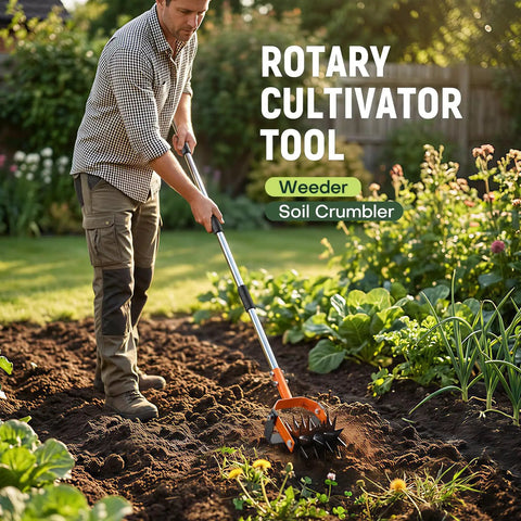 Person using 2 In 1 Rotary Garden Tiller And Weeder With Detachable Weed Knife 73 Inch Adjustable Stainless Handle Manual Cultivator
