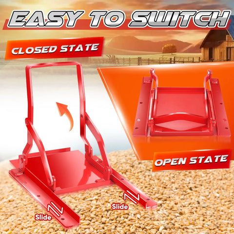 Red 9 by 9 inch manual sliding grain gate with screws, shown in open and closed positions for flow control at silos and hoppers.
