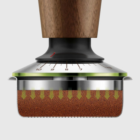 Pro Grade Digital Espresso Tamper Nails Your Perfect 58Mm Puck, showing solid walnut grip and force gauge with coffee grounds.