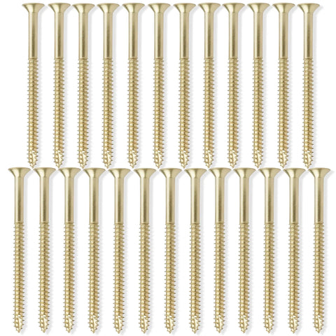 Built To Last Heavy Duty Black Wood Screws Size Nine By Three Inch For Door Hinges 25 Pack Alloy Steel Construction For Interior Exterior Use That Match Common Hinge Finishes Great For Solid Core Wood And Metal Doors, brass hinge screws on white background