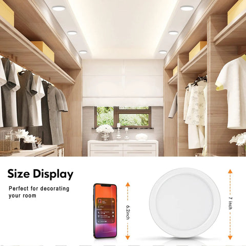 ETL Listed 7 Inch Ultra Slim Round LED Flush Mount Ceiling Light in modern closet, 5000K Daylight, size comparison with smartphone.