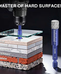 6-piece dry diamond drill bit set for hard surfaces with hex shank; sizes 1/4, 5/16, 3/8, 1/2 and 1/4 carbide bit