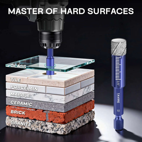 6-piece dry diamond drill bit set for hard surfaces with hex shank; sizes 1/4, 5/16, 3/8, 1/2 and 1/4 carbide bit