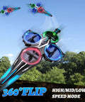 Gesture Control Flying Sword RC Plane for Kids 8-12 in blue performing 360 flips with LED lights in the air.