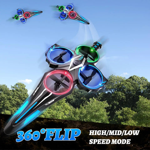 Gesture Control Flying Sword RC Plane for Kids 8-12 in blue performing 360 flips with LED lights in the air.