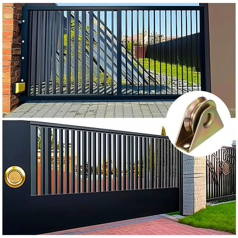 Heavy Duty V Groove Caster 2 Pack Sliding Gate Wheels on a modern gate with a roller pulley, designed for smooth sliding.