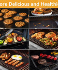 Nonstick Grill Mats Set Of 5 For Outdoor BBQ Grilling Reusable Teflon Mats For Gas Charcoal And Electric Grills 15.75 By 13 Inches Helps Prevent Food From Falling Through Grates Ideal For Burgers Veggies Eggs Pancakes in use showing cookies, vegetables, and meats grilling