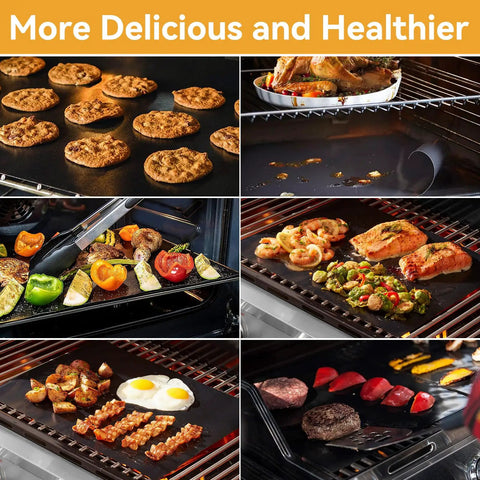Nonstick Grill Mats Set Of 5 For Outdoor BBQ Grilling Reusable Teflon Mats For Gas Charcoal And Electric Grills 15.75 By 13 Inches Helps Prevent Food From Falling Through Grates Ideal For Burgers Veggies Eggs Pancakes in use showing cookies, vegetables, and meats grilling