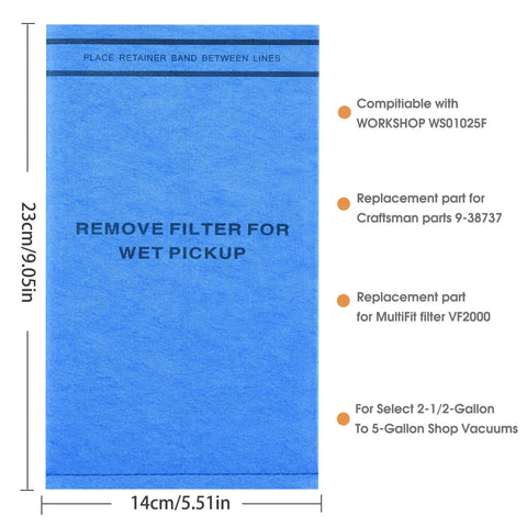 Blue wet filter bag with dimensions, compatible replacements: Six Pack Wet Dry Filter Bags For Stinger 2.5-5 Gallon Shop Vac