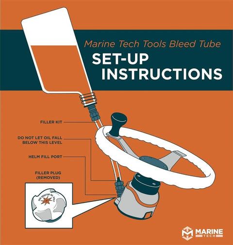 Diagram showing Marine Tech Tools bleed tube set-up instructions for hydraulic steering system.