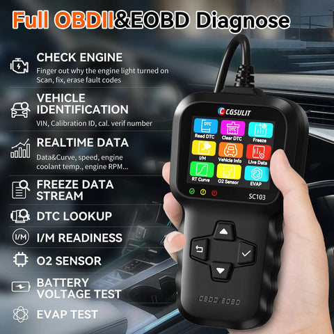 Hand holding OBD2 Scanner Car Code Reader For Diagnostics And Troubleshooting, Clear Check Engine Light, shows screen menu.