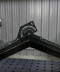 Heavy Duty Anodized Aluminum Angle Finder Protractor 0 To 180 Degrees For Tube And Sheet Metal Bending Layout With Quick Twist Lock Knob 20 Inch Arm in use on a workbench.