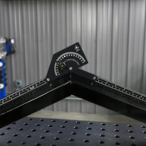 Heavy Duty Anodized Aluminum Angle Finder Protractor 0 To 180 Degrees For Tube And Sheet Metal Bending Layout With Quick Twist Lock Knob 20 Inch Arm in use on a workbench.