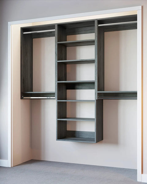 Sleek Modular Closet Organizer Wall Mounted Kit With Heavy Duty Hanging Rods Adjustable Shelves Smooth Glide Rails Grey Finish showing open shelving.
