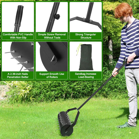 Man using 18 Inch Rolling Lawn Aerator Tool With 50 To 70 Inch Adjustable Handle Heavy Duty Spike Aerator Includes Sandbag 40 Iron Spikes Manual Lawn Roller